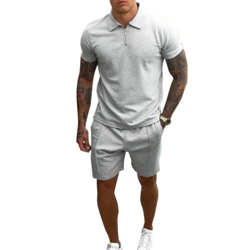 

Two pieces set summer new men's simple fashion suits European and American men's casual short-sleeved slim shorts