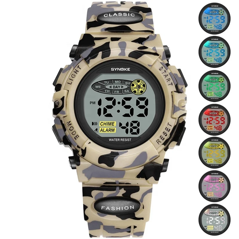 

Wholesale Fashion Camouflage Color Multifunction 30 M Waterproof Silicone EL Light Child Boys Alarm Watches, 5 colors