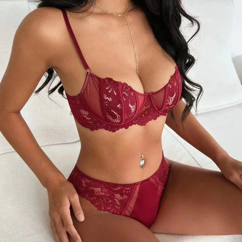 

Factory Hot Ultra Thin Lingerie Women Sexy Lace Bra Set Women Two-pieces Underwire Bra Panties Set