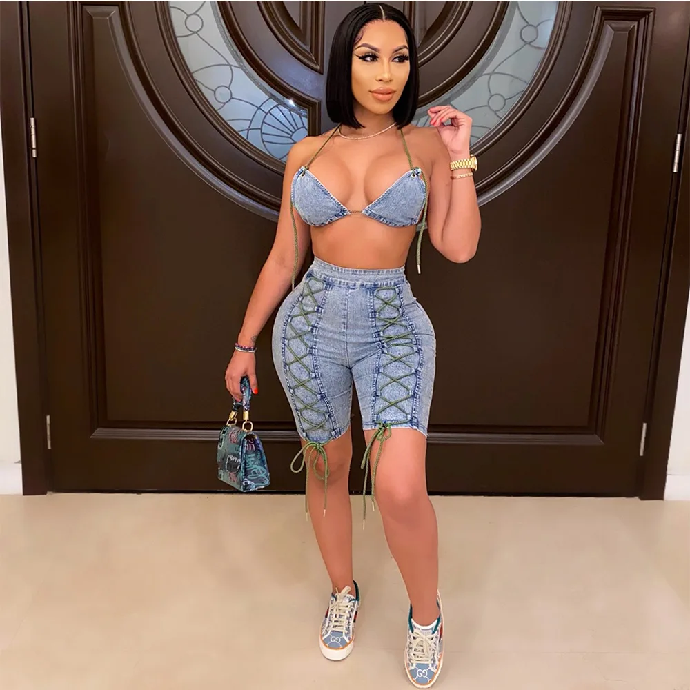 

Newest Products 2021 Sexy Patchwork Halter Backless Lace Up Two Piece Denim Sets For Women Shorts Streetwear Fashion -YS, Light blue