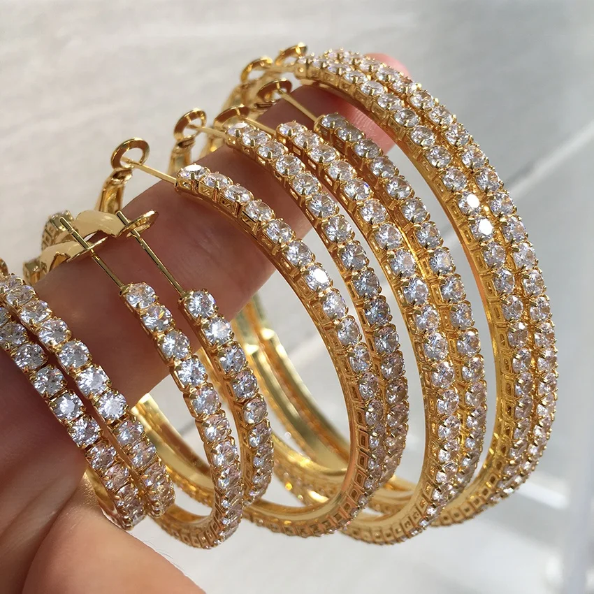 

Hip Hop Jewelry 3.0mm Tennis Chain Bling Zircon Diamond 18K Gold Plated Huggie Hoop Earrings