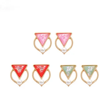 

e02773 2020 New Design Sweet Candy Color Pink Red Green Triangle Resin Pearl Jewelry Geometric Gold Plated Hoop Stud Earrings