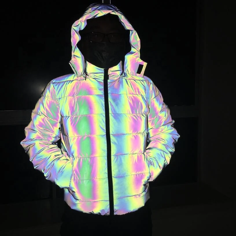 

Hot sales low MOQ Hooded Running Thick Unisex Rainbow Reflective Puffer Jacket