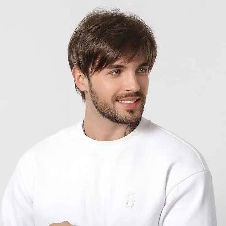 Wholesale 8 Inch Natrual Style Handsome Men Wigs Brown Curly Wig Toupee Synthetic Hair Wig for Men