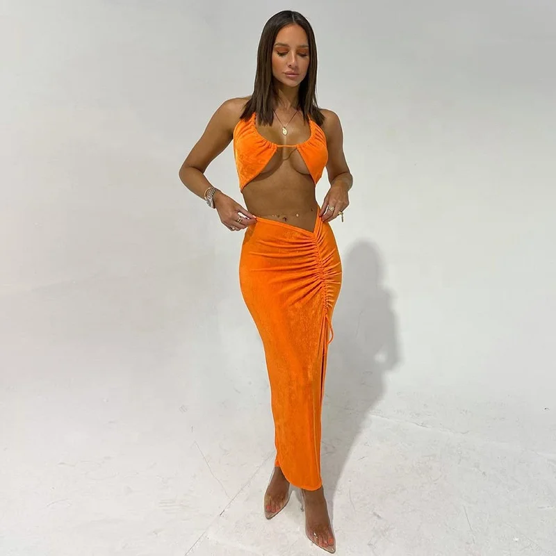

2021 New Wholesale Women Summer Lace Up Bra Tank Top Slim Long Slit Dress Skirt 2 Piece Set, Customized color