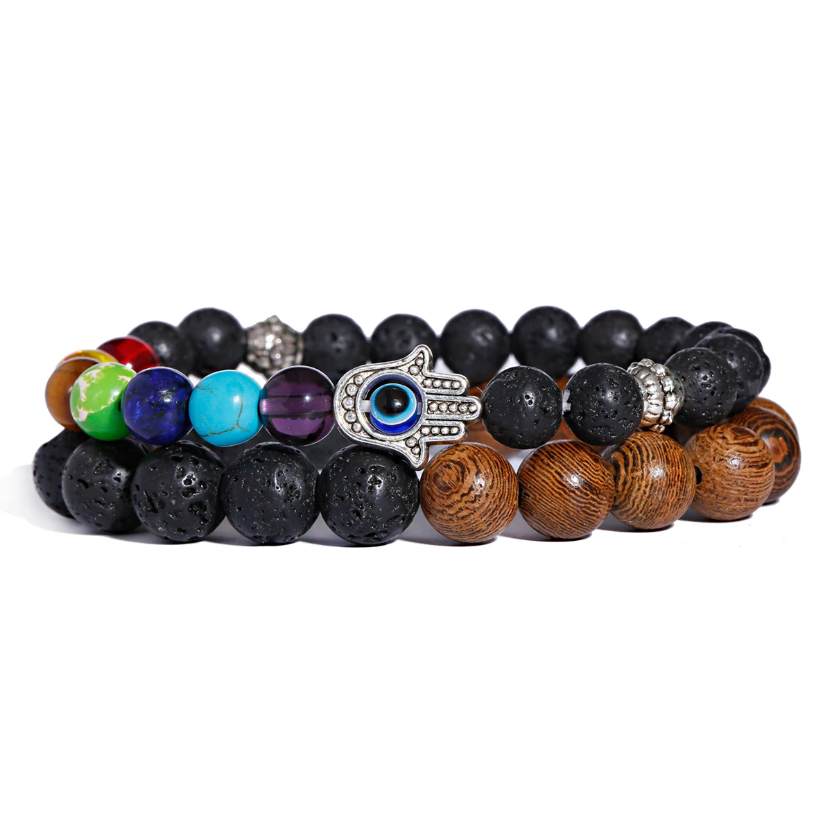 

7 Reiki Hamsa Hand Fatima Eye Energ Yoga Black Lava Rock Wood Man Women Lucky Bracelets Jewelry Gift, Multi-colors