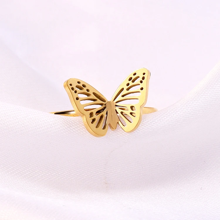 

Fashionable Cute Butterfly Statement Ring Stainless Steel 18K Gold Plated Non Tarnish Waterproof Hollow Butterfly Eternity Ring