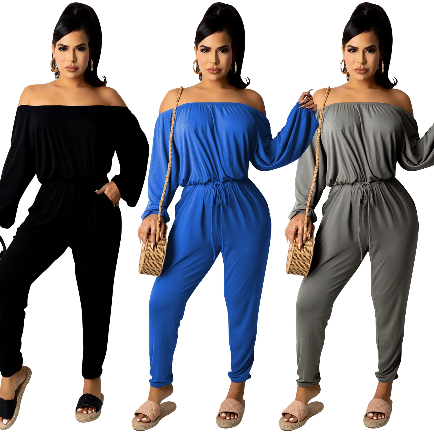 

Hot sale women clothing solid color off shoulder full sleeves casual outfits women 2 piece set bandage pants set for women, Black/blue/gray