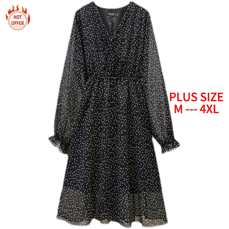 

New Products V-Neck Long Sleeve Stylish Sexy Elegant Chiffon Floral Midi Woman's Summer Casual Plus Size Dress, Black green