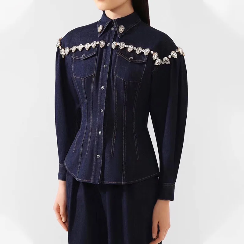 

2021 autumn new women's new coat heavy industry diamond-studded lapel long-sleeved single-breasted slim slim denim jacket, Photo color