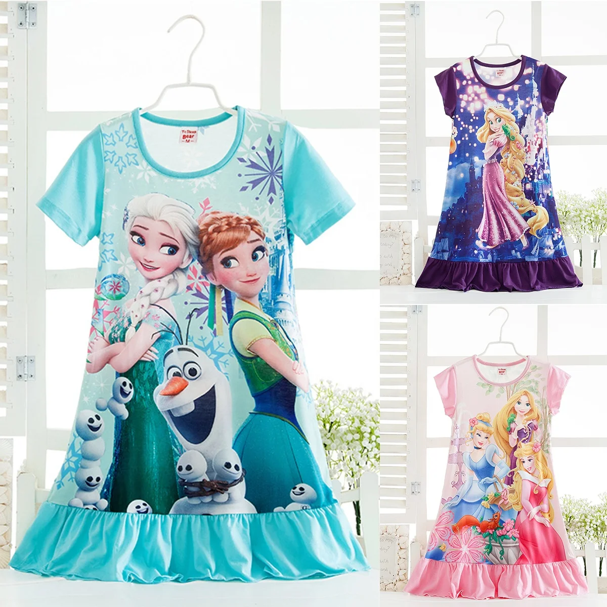 

Fashion Baby Girls Dresses Cotton Snow Queen Elsa Anna Nightdress Ruffle Short Sleeve Princess Dress Kids Pajamas Nightgowns, As the picture