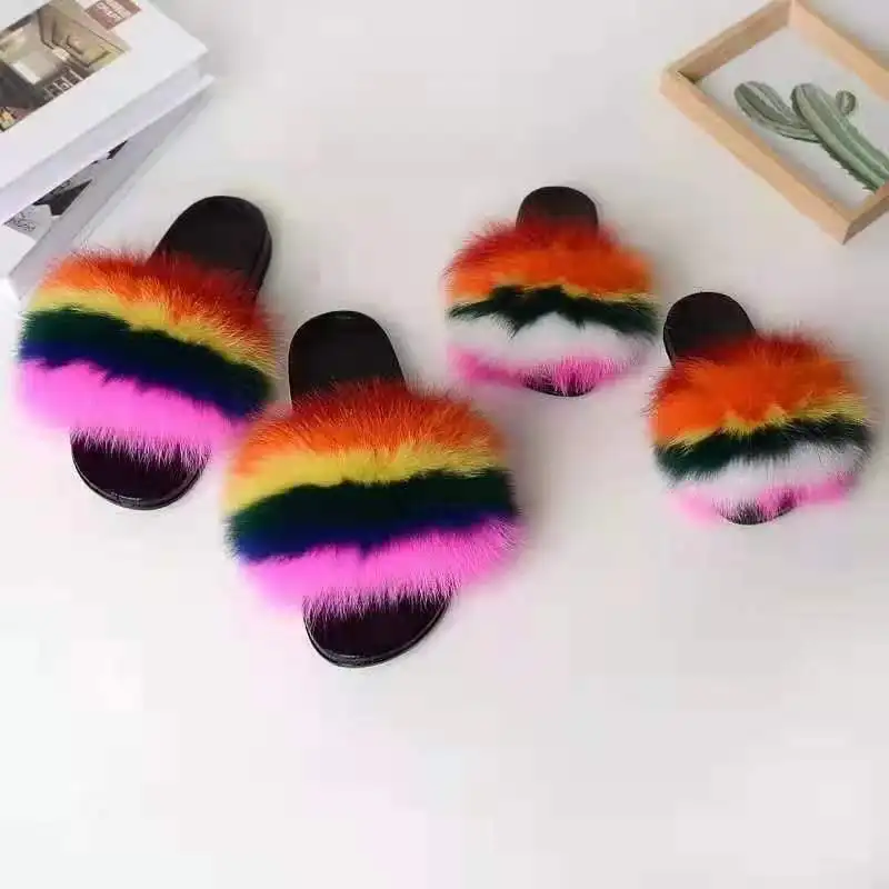 

New Design PVC Fluffy Sandals For Women Colorful Outdoor Fox Fur slides Custom Logo Slipper For Ladies, Customized color