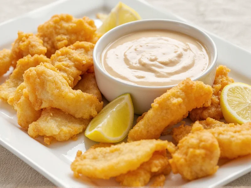 Tartar sauce served with golden fried fish and lemon wedges