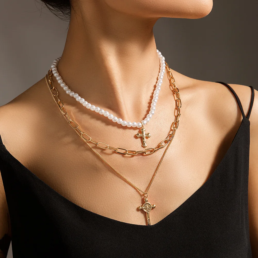 

fashion 2021 trendy tarnish free pearl multi layer jesus cross necklace for women, Gold