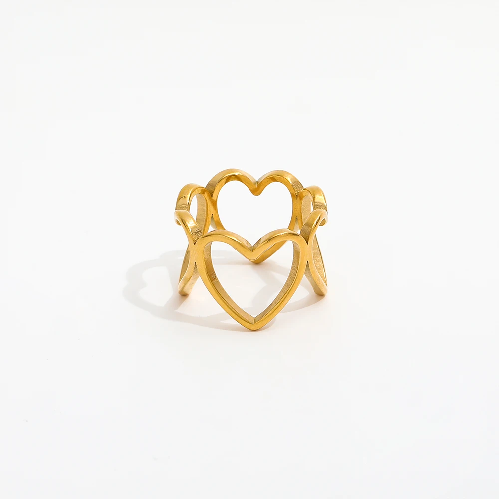 High End 18K PVD Gold Plated Lines Hollow Heart Statement Ring Stainless Steel Jewelry Women Gift