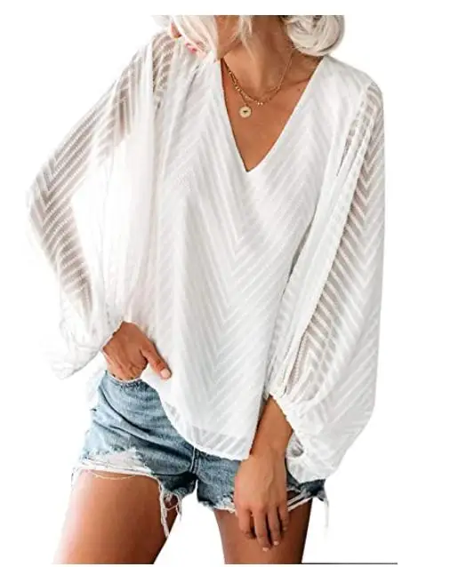 

Women V Neck Chiffon Blouses Balloon Sleeve Floral Print Shirts Tops, White