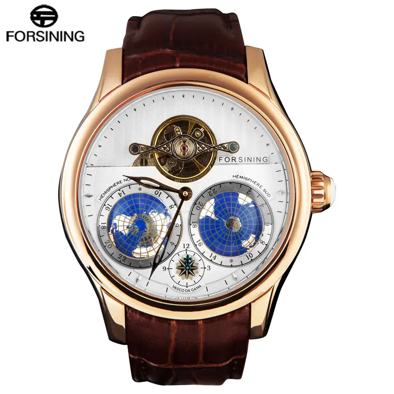 

FORSINING Top Brand Business Mechanical Watch Men 30M Waterproof Tourbillon Automatic Wrist Watch 3D Earth Dial Leather Band, 5 colors
