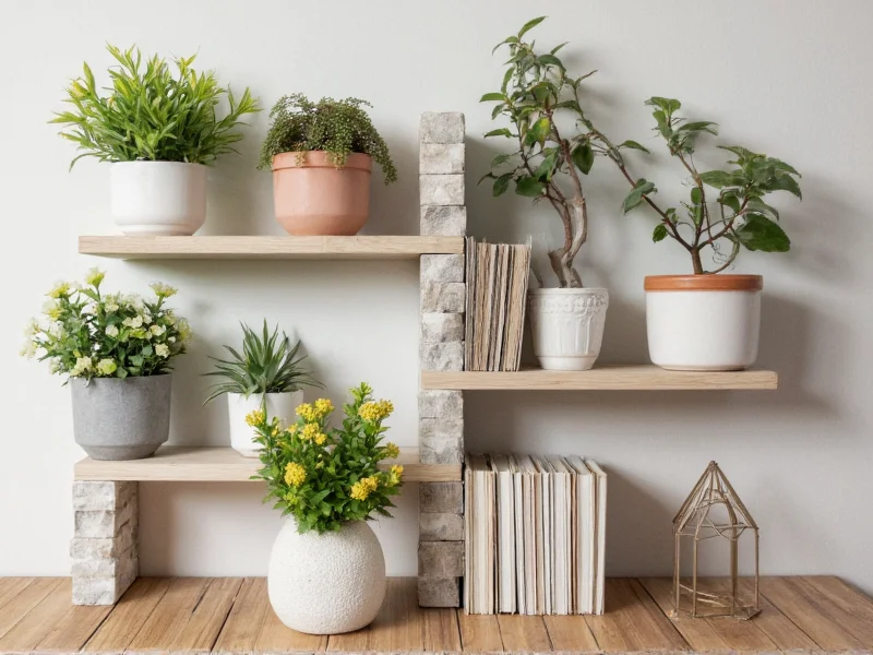 Cinder block bookshelf with wooden planks and potted plants