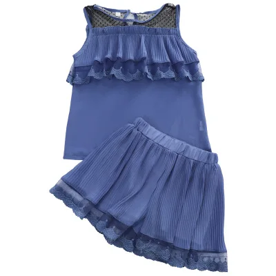 

B52708A Hot selling kids summer clothes fashion girls 2pcs chiffon shorts set, Pink/blue/red