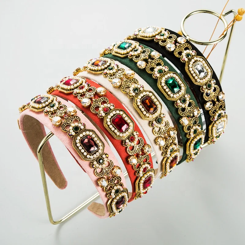 

New fashion simple baroque headband rice beads metal flower rhinestone geometric ladies prom catwalk hairband, Picture shows