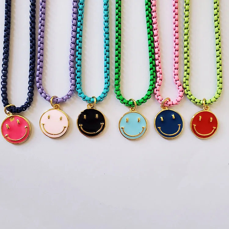 

NM1076 2021 Summer Beach Jewelry Gold Plated Enamel Rainbow Smiley Pendant with Enamel Box Chain Necklace