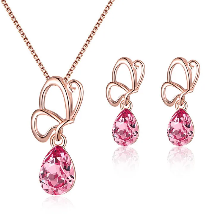 

European and American simple Mori girl style asymmetrical crystal jewelry set drop-shaped glass necklace earrings jewelry, Picture shows