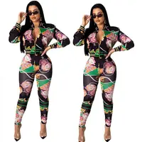 

12306NA latest design women long sleeve zipper print sexy bodycon leisurewear sweat suits Woman 2 Piece Set Women Clothing