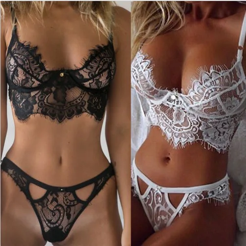 

In Stock 2pcs/set wholesale lingerie sexy hot transparent cheap lace sexy two piece lingerie, Picture