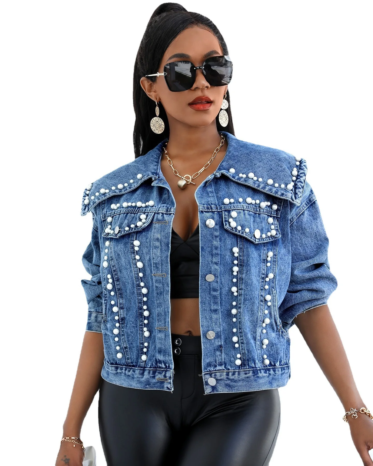 

Stock fashion chic denim jacket trench coat with pearl details for womens jackets & coats high street style ladies jean jacket women