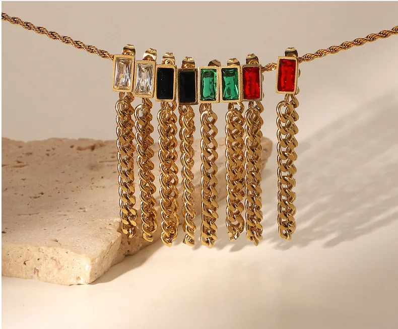 

Newest 18K Gold Plated Long Link Chain Earrings Stainless Steel Colorful Square Cubic Zircon Stud Earrings For Elegant Women