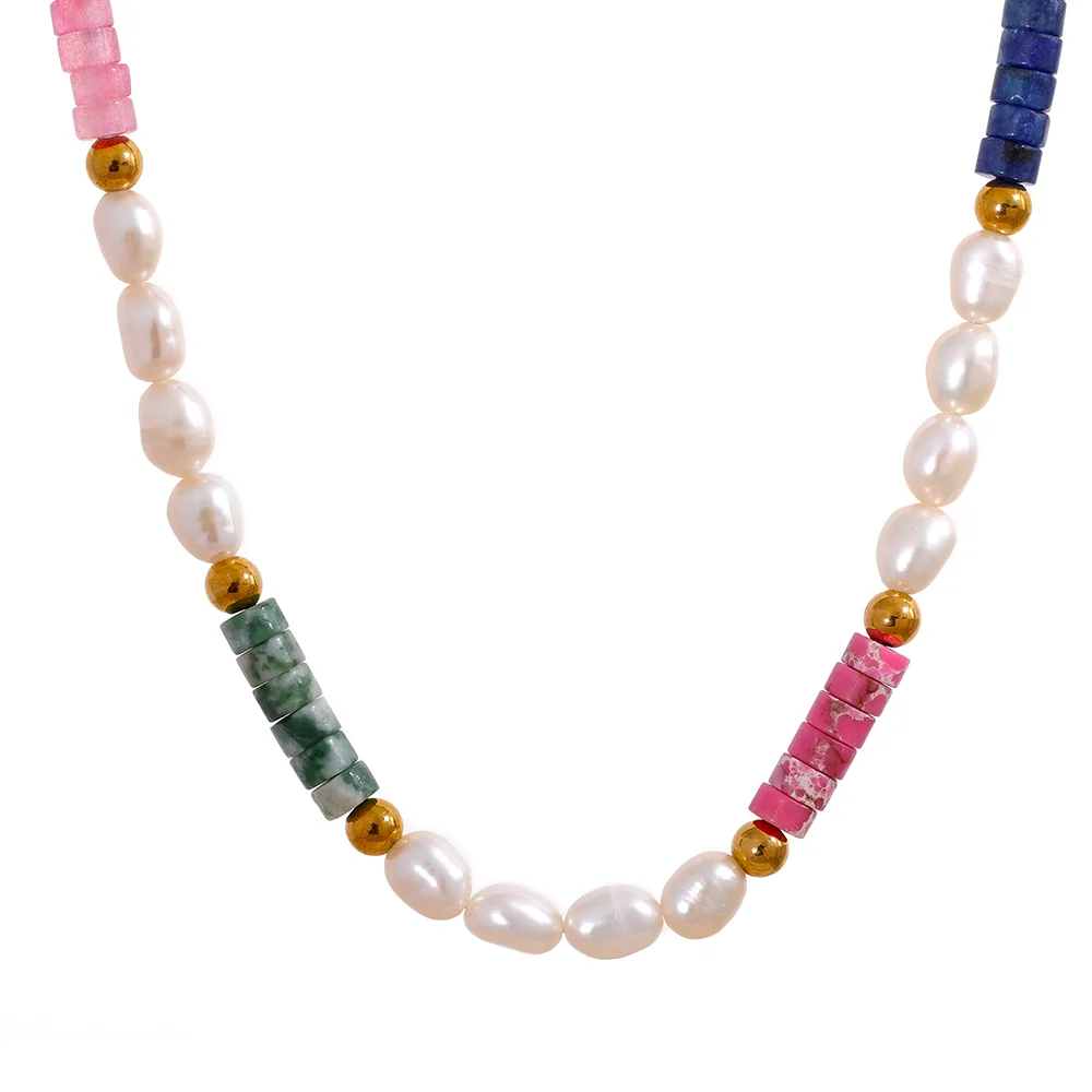 

JINYOU 1213 Colorful Stone Mix Semi-precious Natural Freshwater Pearls Handmade Bohemian Trend Necklace Gold Color PVD Summer