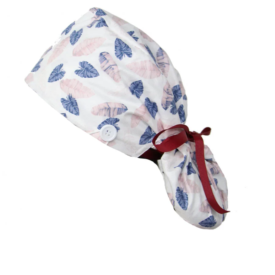 

Working Scrub Cap With Ribbon Buttons Long Hair Surgical Women Cap, Solid dyed&printed