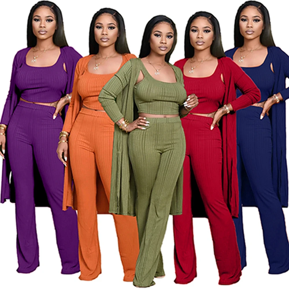 

Fall Three Piece Outfits Set Women Clothing Casual Ribbed Pants Set