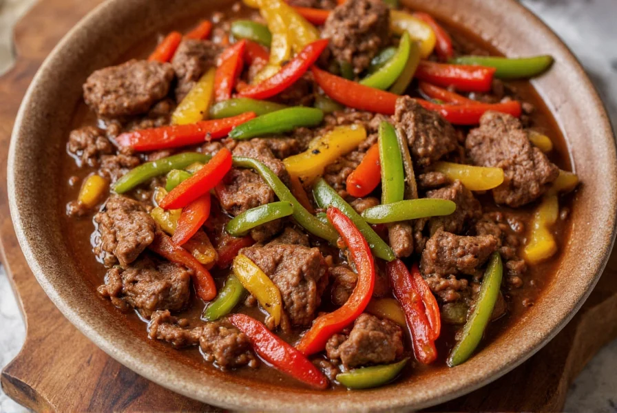 Crock pot pepper steak with tender beef strips and colorful bell peppers in glossy brown sauce