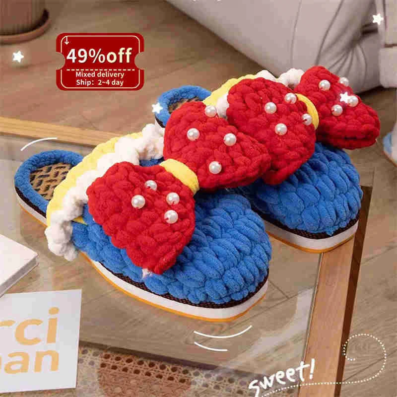 

Wool handmade DIY self-woven crochet cotton house indoor slippers cute warm fur lovely teddy bear slipper material bag, Please contact customer service to choose your preferred color