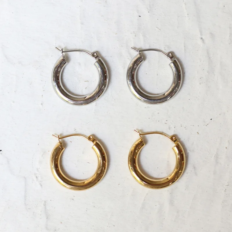 

High Polished 18K Real Gold Plating Titanium Steel Snap Closure Earring 316L Stainless Steel Tube Hoop Earring