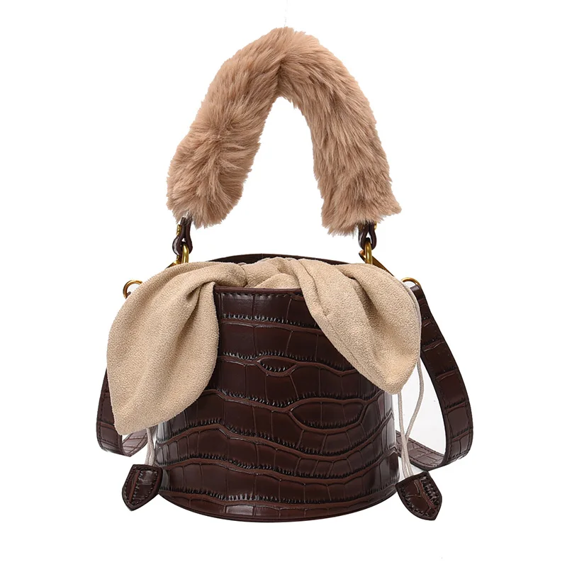 

2021 Hot selling furry basket women leather fashion cute bow handbag shoulder bags, Customizable