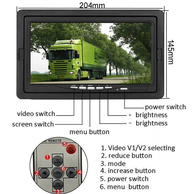 Reversing Display Blind Spot Monitoring Car LCD Screen Van Bus Heavy Duty 7 Inch Reverse Monitor 