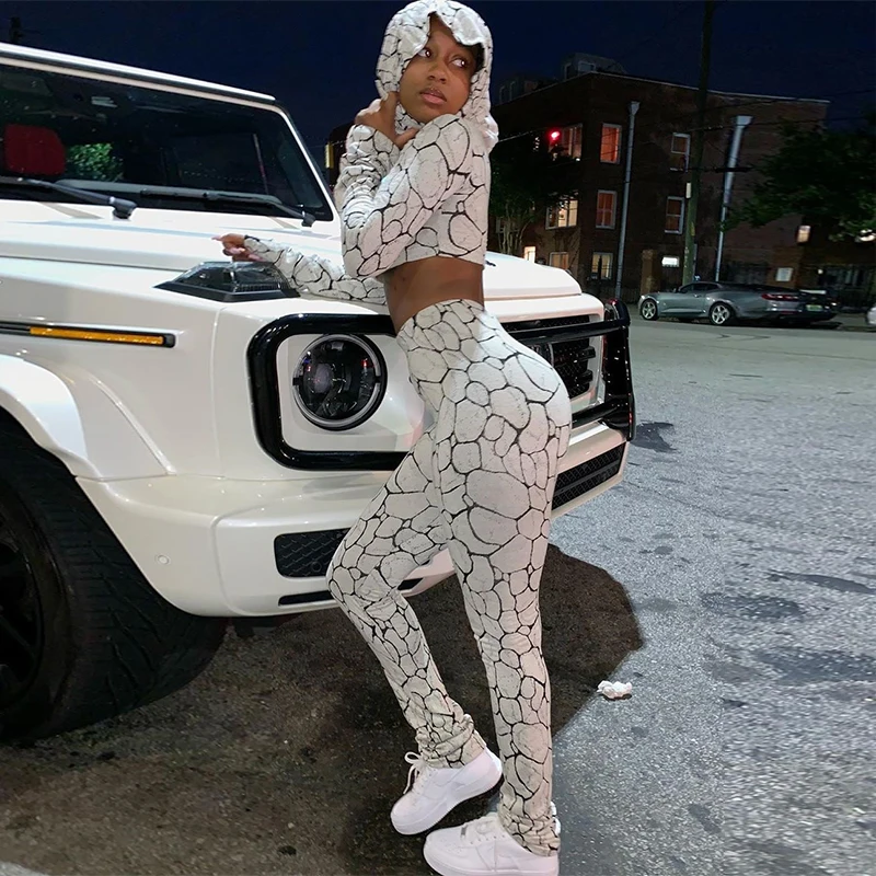 

Bomblook 2020 New Autumn Stacked Pants Women's Two Piece Set Long Sleeve Hooded Crop Top+Trousers White Python Pattern A20430S