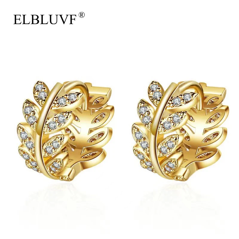 

ELBLUVF Free Shipping Silver Gold Color Platinum Plated Copper Zircon Jewelry Korea Style Branch Leaf Hoop Earrings For Women, White gold / gold