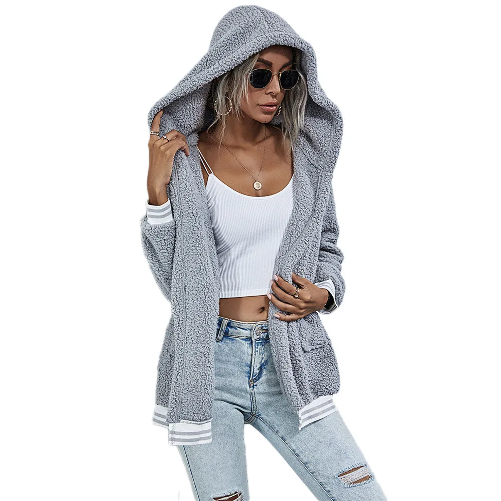 

Woman Clothing Autumn Winter Lamb Wool Cardigan Hooded Long Sleeve Jacket And Coat, 2 colors