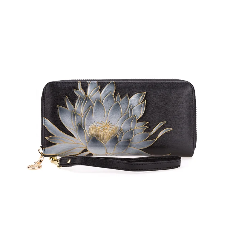 

2021 New fashion long ladies zipper luxury genuine leather wallets for women fashionable, Black or customized