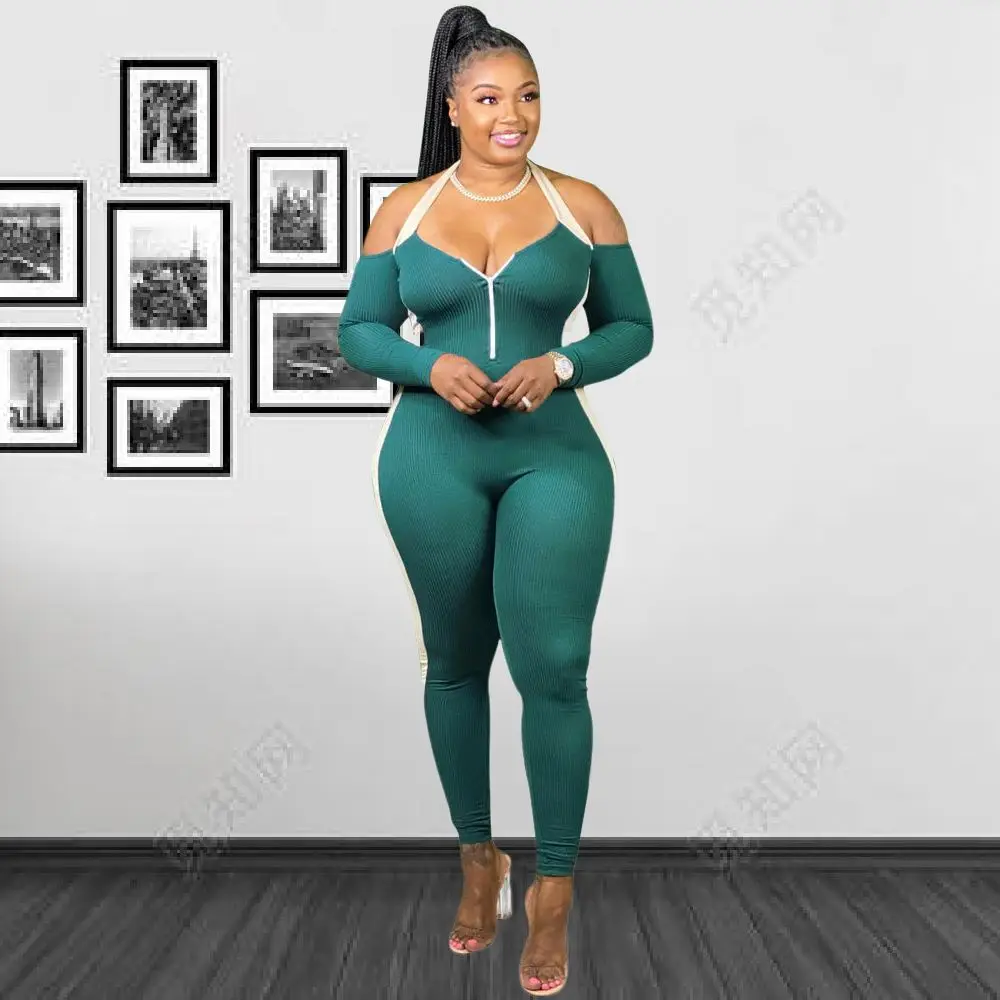 

X00846M Sexy necktie slim zipper splice pantaloon ladies pencil pants long sleeve jumpsuit sexy casual bodycon