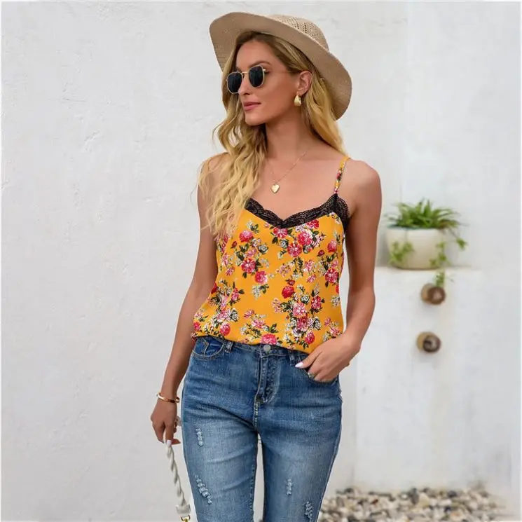 

PEARL Fashionable 2021 Summer Sexy Sleeveless Flower Printed Lace Casual Woman Tops Ladies Top Blouses