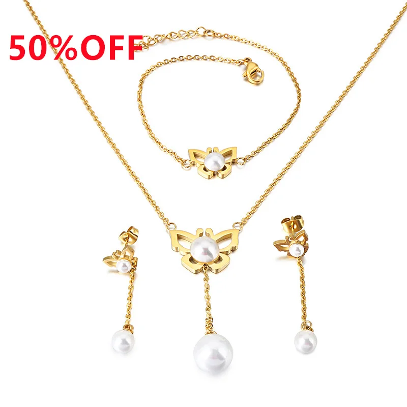 

Simple stainless steel jewelry set bangles charms earrings women butterfly pearl necklace