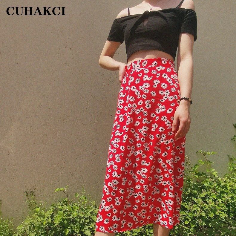 

CUHAKCI Summer Hot Chiffon Floral Floral Long Slim Slim Skinny Daisy High Waist Zipper Pleated Black Sweet Skirt Women, Black, white,red