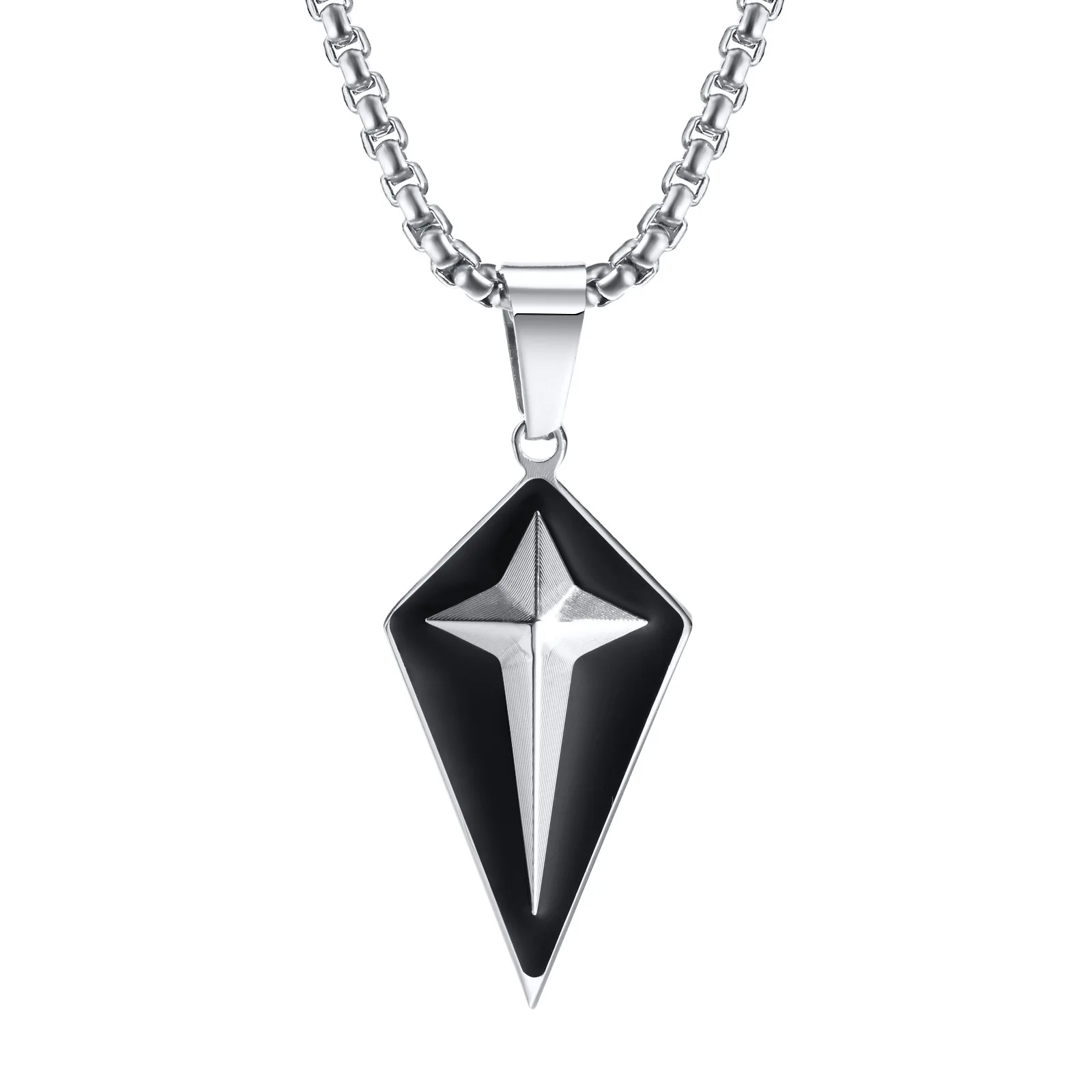 

New Simple Men Stainless Steel Black Oil Four Pointed Star Rhombu Pendant Necklace