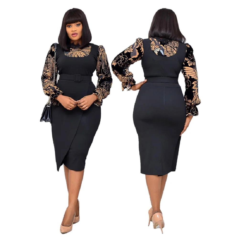 

D091M New Half High Neck Long Sleeve Print Stitching OL Commuter Large Size African dress Women Office Dress Career dresses