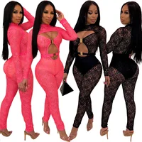 

XA3203 women sexy lace mesh transparent see through bandage club jumpsuit