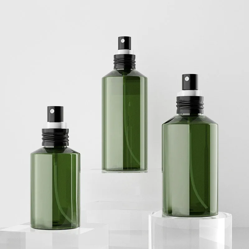 

PET slant shoulder clear green round empty skincare lotion spray cosmetic plastic bottle 50ml 100ml 150ml 200ml